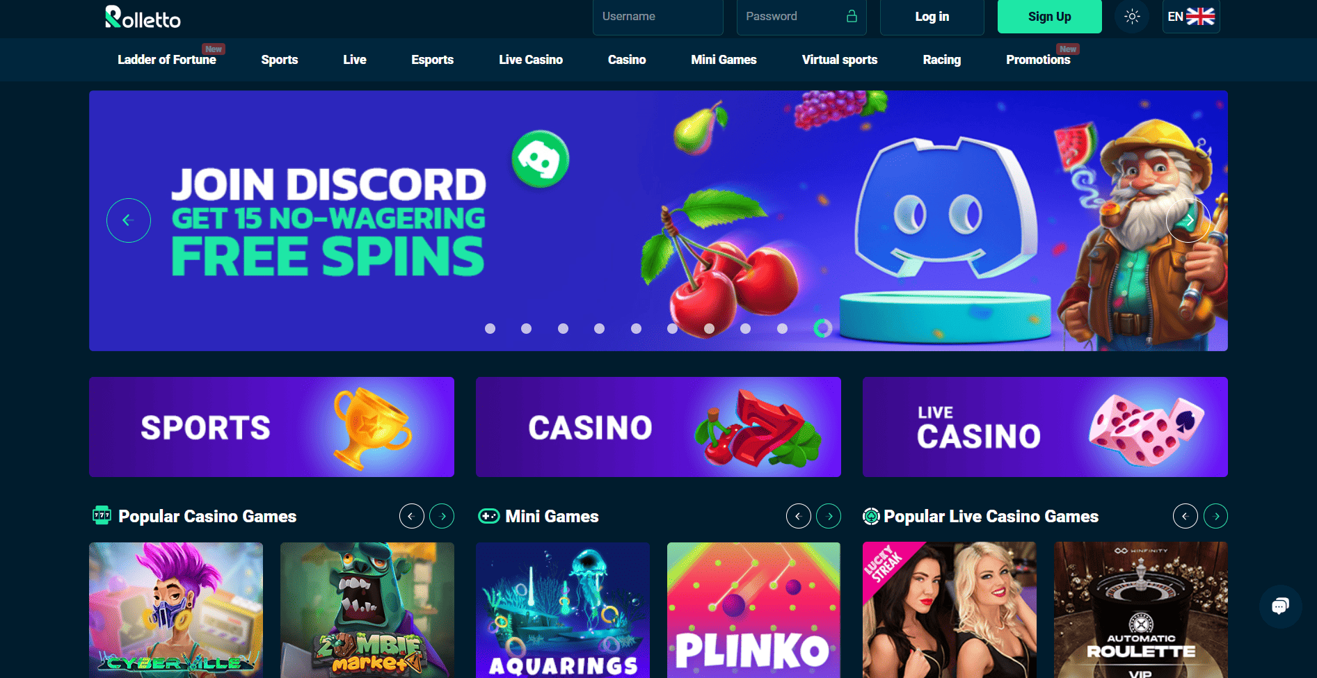 Screenshot of the Rolletto Casino website